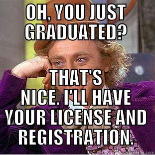 OH, YOU JUST GRADUATED? THAT'S NICE. I'LL HAVE YOUR LICENSE AND REGISTRATION. Condescending Wonka