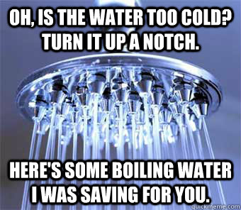 Oh, is the water too cold? Turn it up a notch. Here's some boiling water I was saving for you. - Oh, is the water too cold? Turn it up a notch. Here's some boiling water I was saving for you.  Troll shower