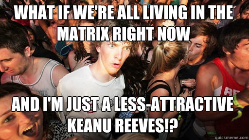 WHAT IF WE'RE ALL LIVING IN THE MATRIX RIGHT NOW
 AND I'M JUST A LESS-ATTRACTIVE KEANU REEVES!?   Sudden Clarity Clarence