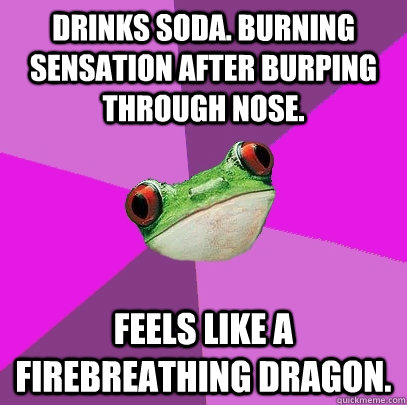 Drinks Soda. Burning sensation after burping through nose. Feels like a firebreathing dragon. - Drinks Soda. Burning sensation after burping through nose. Feels like a firebreathing dragon.  Foul Bachelorette Frog