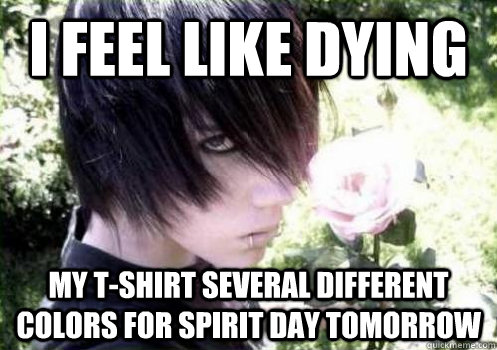 I feel like dying my t-shirt several different colors for spirit day tomorrow  Misunderstood Emo Kid