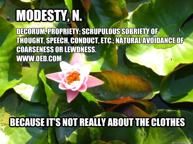 modesty, n.  Decorum, propriety; scrupulous sobriety of thought, speech, conduct, etc.; natural avoidance of coarseness or lewdness.
www.oed.com Because it's not really about the clothes  modestymeme