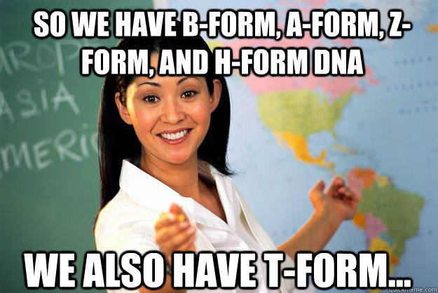 So we have B-form, A-form, Z-Form, and H-form DNA We also have T-form...  Unhelpful High School Teacher