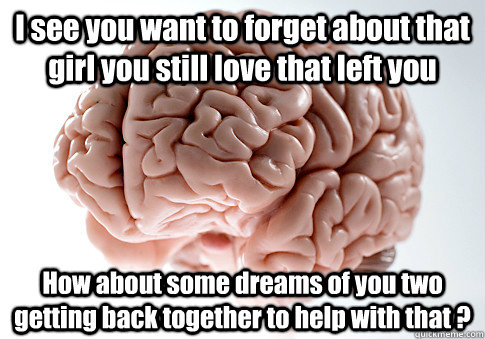 I see you want to forget about that girl you still love that left you How about some dreams of you two getting back together to help with that ?   Scumbag Brain