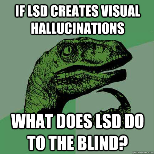 If LSD creates visual hallucinations What does lsd do to the blind?  - If LSD creates visual hallucinations What does lsd do to the blind?   Philosoraptor