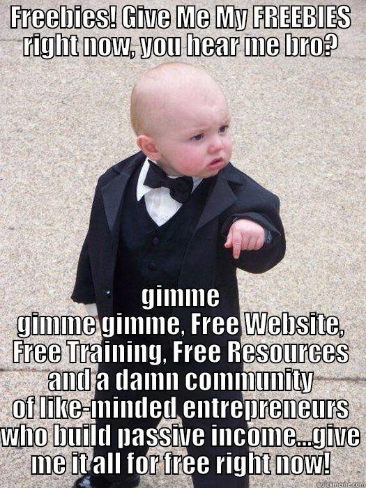 You Give Me My Freebies Now! - FREEBIES! GIVE ME MY FREEBIES RIGHT NOW, YOU HEAR ME BRO? GIMME GIMME GIMME, FREE WEBSITE, FREE TRAINING, FREE RESOURCES AND A DAMN COMMUNITY OF LIKE-MINDED ENTREPRENEURS WHO BUILD PASSIVE INCOME...GIVE ME IT ALL FOR FREE RIGHT NOW! Baby Godfather