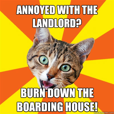 annoyed with the landlord? burn down the boarding house!  Bad Advice Cat