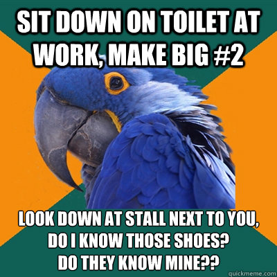 Sit down on toilet at work, make big #2 look down at stall next to you, do I know those shoes?
do they know mine??  Paranoid Parrot