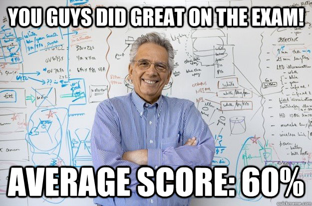 You guys did great on the exam! Average score: 60%  Engineering Professor