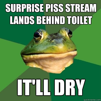 Surprise piss stream lands behind toilet it'll dry  Foul Bachelor Frog