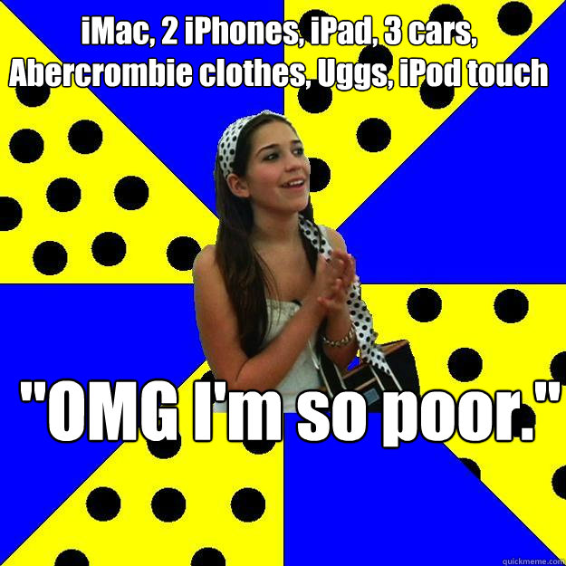 iMac, 2 iPhones, iPad, 3 cars, Abercrombie clothes, Uggs, iPod touch  