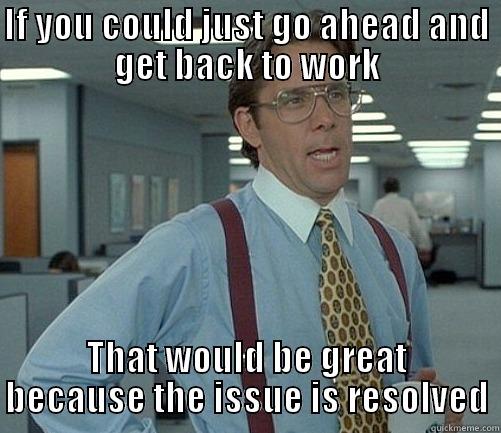 resolve go ahead - IF YOU COULD JUST GO AHEAD AND GET BACK TO WORK THAT WOULD BE GREAT BECAUSE THE ISSUE IS RESOLVED Misc