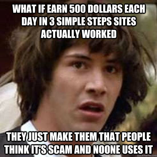 what if earn 500 dollars each day in 3 simple steps sites actually worked they just make them that people think it'S scam and noone uses it  conspiracy keanu