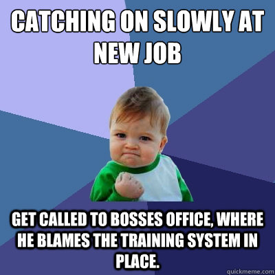 Catching on slowly at new job Get called to bosses office, where he blames the training system in place.  Success Kid