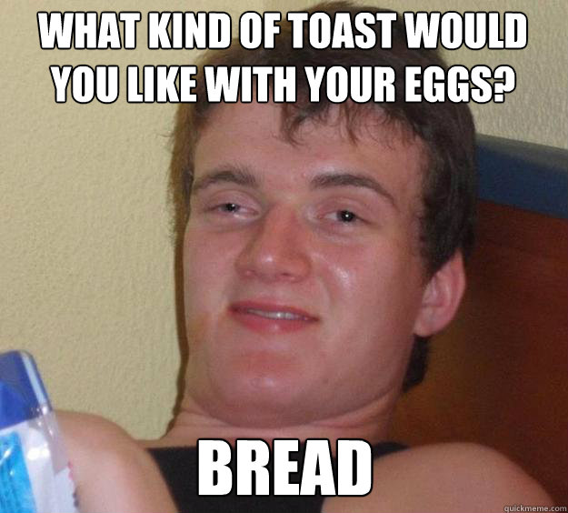 What kind of toast would you like with your eggs? Bread  10 Guy