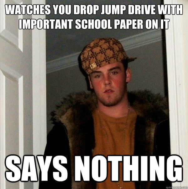 Watches you drop jump drive with important school paper on it says nothing  Scumbag Steve