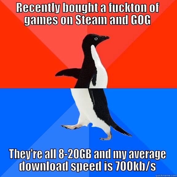 RECENTLY BOUGHT A FUCKTON OF GAMES ON STEAM AND GOG THEY'RE ALL 8-20GB AND MY AVERAGE DOWNLOAD SPEED IS 700KB/S Socially Awesome Awkward Penguin