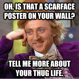 Oh, is that a Scarface poster on your wall? Tell me more about your thug life.   willy wonka