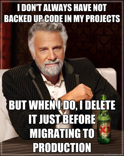 I don't always have not backed up code in my projects But when I do, I delete it just before migrating to production  The Most Interesting Man In The World