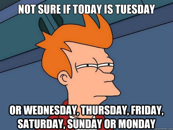 not sure if today is tuesday or wednesday, thursday, friday, saturday, sunday or monday  Futurama Fry