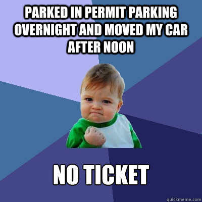 Parked in Permit parking overnight and moved my car after Noon  No ticket  Success Kid