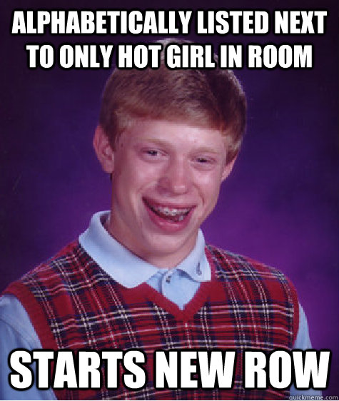 Alphabetically listed next to only hot girl in room  starts new row   Bad Luck Brian