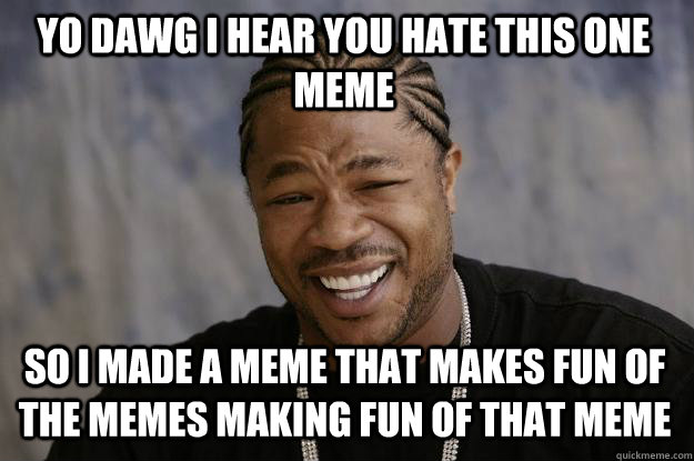 YO DAWG I HEAR YOU HATE THIS ONE MEME SO I MADE A MEME THAT MAKES FUN OF THE MEMES MAKING FUN OF THAT MEME  Xzibit meme