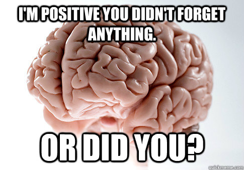 I'm positive you didn't forget anything. Or did you? - I'm positive you didn't forget anything. Or did you?  Scumbag Brain