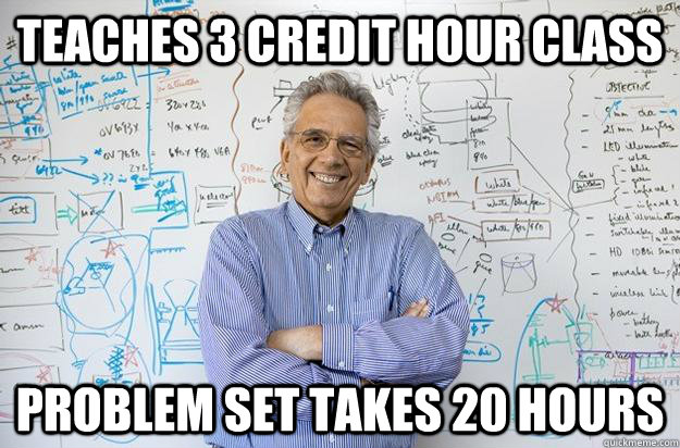 Teaches 3 credit hour class Problem Set takes 20 hours  Engineering Professor