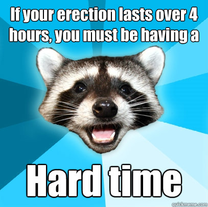 If your erection lasts over 4 hours, you must be having a  Hard time  Lame Pun Coon