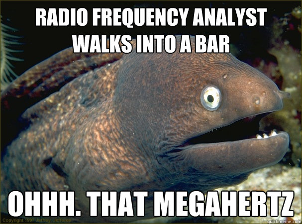 radio frequency analyst walks into a bar ohhh. That Megahertz - radio frequency analyst walks into a bar ohhh. That Megahertz  Bad Joke Eel