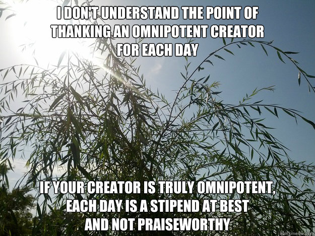 I don't understand the point of
thanking an omnipotent creator
for each day If your creator is truly omnipotent,
each day is a stipend at best
and not praiseworthy - I don't understand the point of
thanking an omnipotent creator
for each day If your creator is truly omnipotent,
each day is a stipend at best
and not praiseworthy  Each day is a stipend