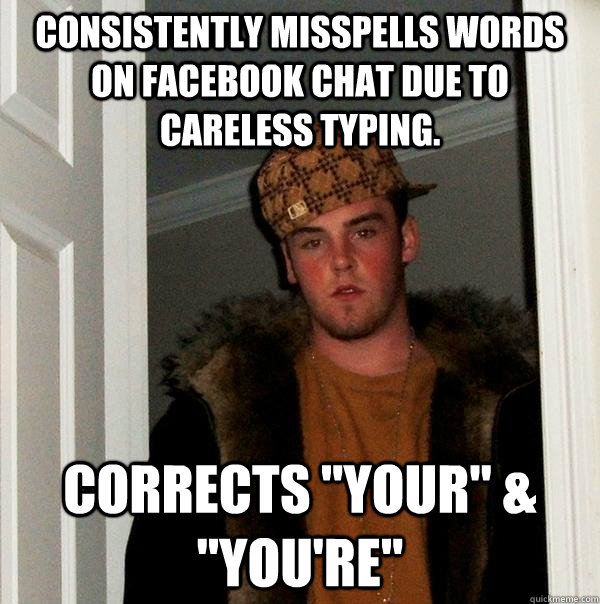 consistently misspells words on facebook chat due to careless typing. Corrects 