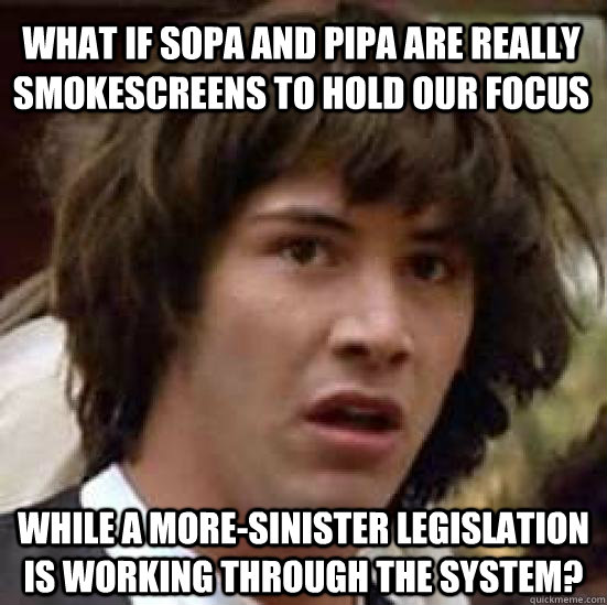 what if sopa and pipa are really smokescreens to hold our focus while a more-sinister legislation is working through the system?  conspiracy keanu