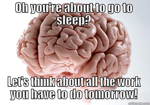 OH YOU'RE ABOUT TO GO TO SLEEP? LET'S THINK ABOUT ALL THE WORK YOU HAVE TO DO TOMORROW! Scumbag Brain