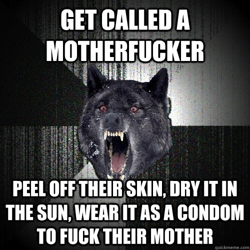 Get called a motherfucker peel off their skin, dry it in the sun, wear it as a condom to fuck their mother  Insanity Wolf