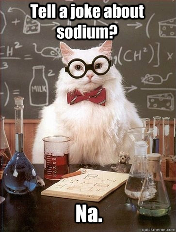 Tell a joke about sodium? Na.  Chemistry Cat