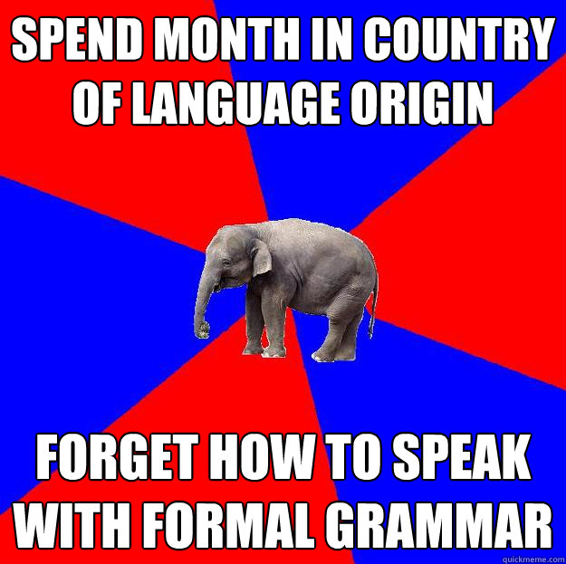 SPEND MONTH IN COUNTRY OF LANGUAGE ORIGIN FORGET HOW TO SPEAK WITH FORMAL GRAMMAR  Foreign language elephant