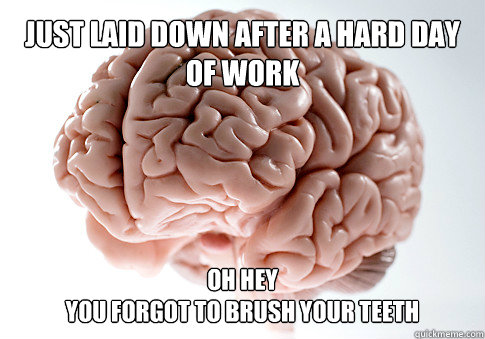 Just laid down after a hard day of work Oh hey
you forgot to brush your teeth  Get the [AdviceAnimals Chrome extension!](http://www.livememe.com/extension)  Scumbag Brain