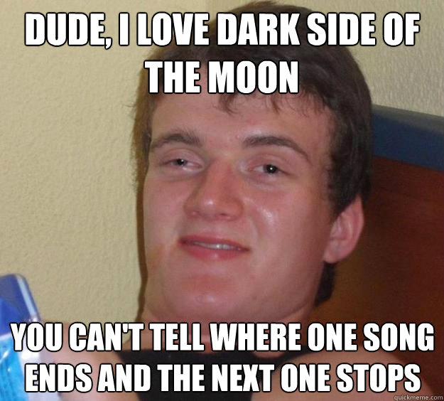 Dude, I love dark side of the moon you can't tell where one song ends and the next one stops  10 Guy