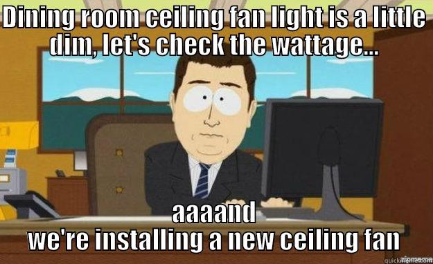 DINING ROOM CEILING FAN LIGHT IS A LITTLE DIM, LET'S CHECK THE WATTAGE... AAAAND WE'RE INSTALLING A NEW CEILING FAN aaaand its gone