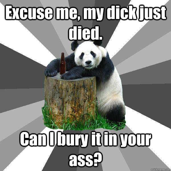 Excuse me, my dick just died. Can I bury it in your ass?  Pickup-Line Panda