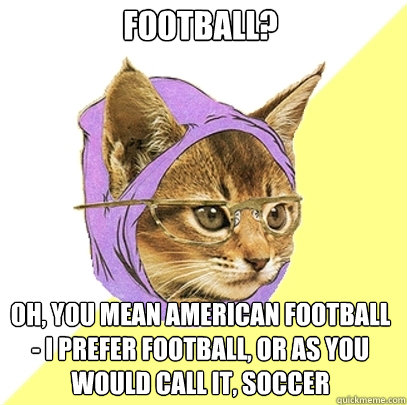 football? oh, you mean american football - i prefer football, or as you would call it, soccer  Hipster Kitty