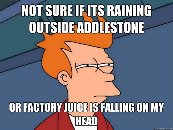 Not sure if its raining outside addlestone or factory juice is falling on my head  Futurama Fry