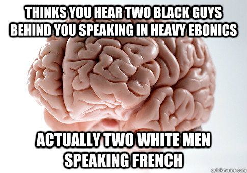 Thinks you hear two black guys behind you speaking in heavy ebonics actually two white men speaking french  Scumbag Brain