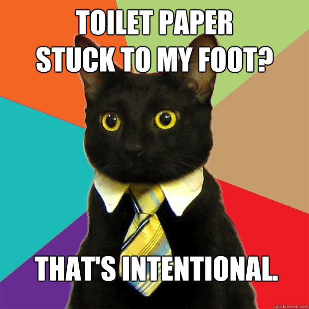 Toilet paper
stuck to my foot?  That's intentional.  Business Cat