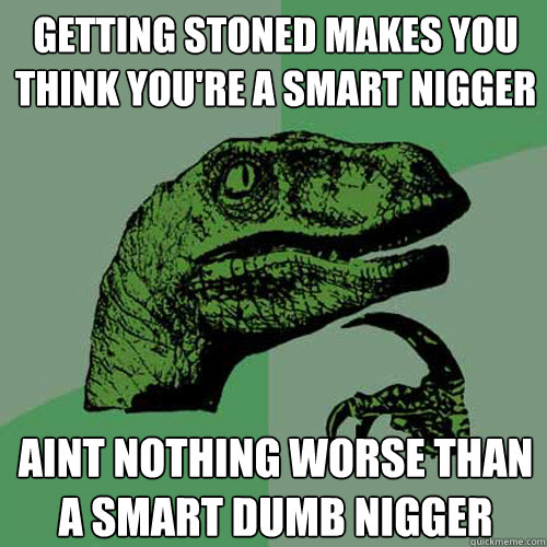 Getting stoned makes you think you're a smart nigger Aint nothing worse than a smart dumb nigger  Philosoraptor