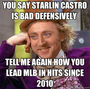 YOU SAY STARLIN CASTRO IS BAD DEFENSIVELY  TELL ME AGAIN HOW YOU LEAD MLB IN HITS SINCE 2010  Condescending Wonka