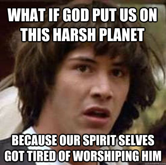 what if god put us on this harsh planet because our spirit selves got tired of worshiping him  conspiracy keanu