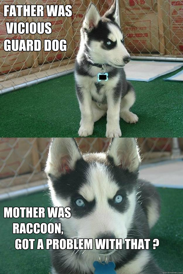 Father was
 vicious
guard dog  Mother was
    raccoon,
     got a problem with that ?
                
          - Father was
 vicious
guard dog  Mother was
    raccoon,
     got a problem with that ?
                
           Insanity puppy